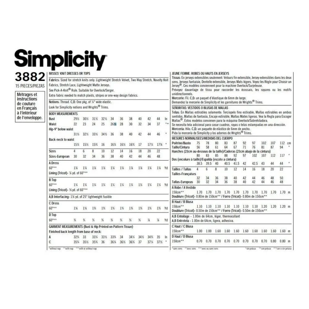 Simplicity Sewing Pattern 3882 Knit‎ Dresses Tops Misses Size 4-12